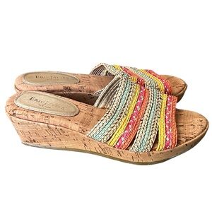Eric Javits multicolor raffia cork wedge sandals pastel metallic